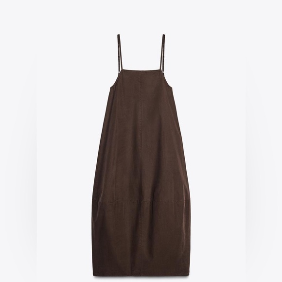 ZARA L Brown 100% cotton voluminous bubble dress with pleats NWT - Picture 5 of 15